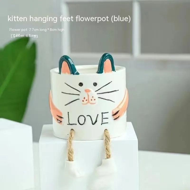 Ceramic hanging foot flowerpot for succulent plants in cartoon style with multiple colour options