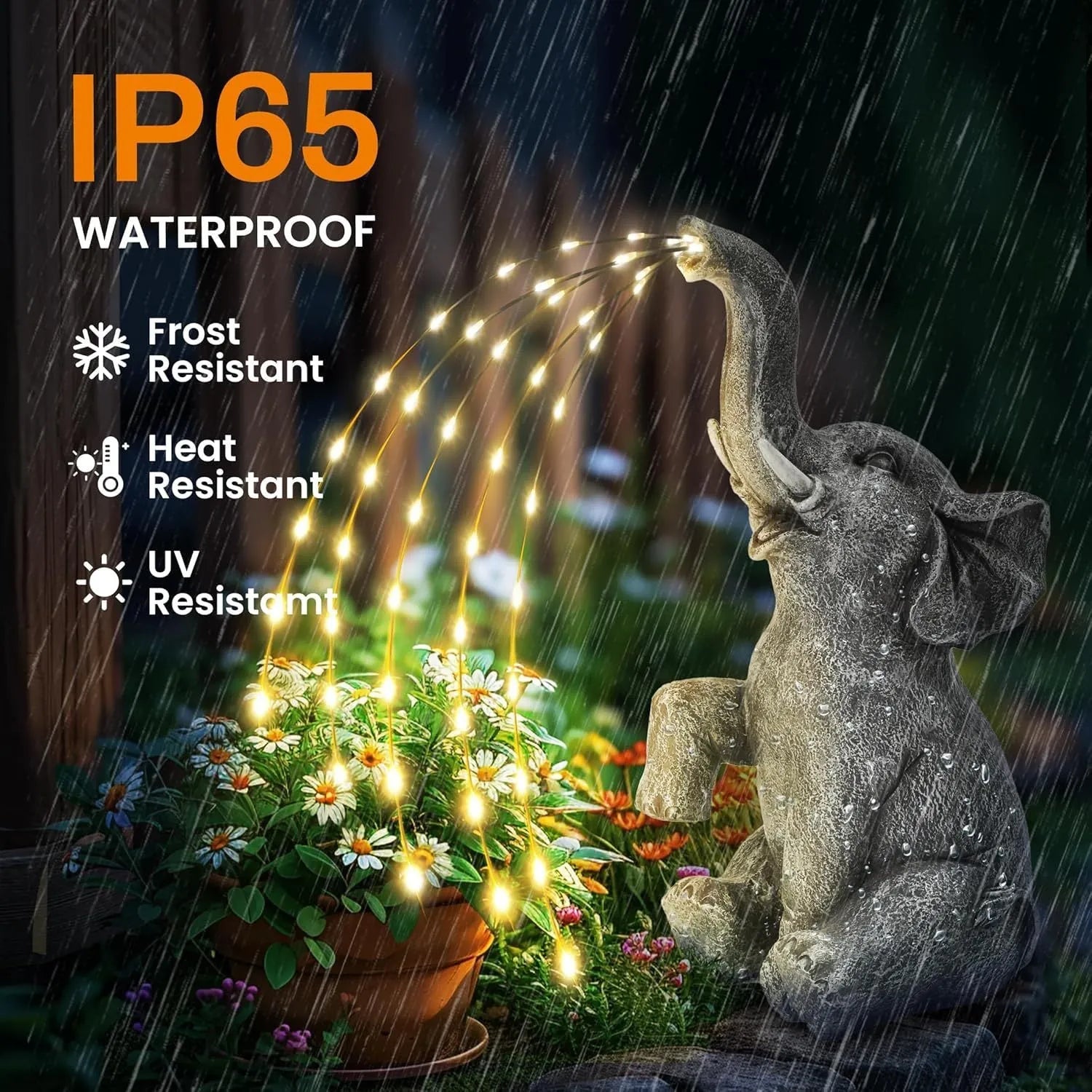 Resin elephant outdoor garden statue with integrated LED light strip.