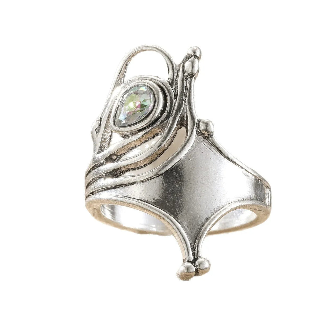 Retro wide hollow silver ring for women, zinc alloy electroplated band, sizes 6 to 10