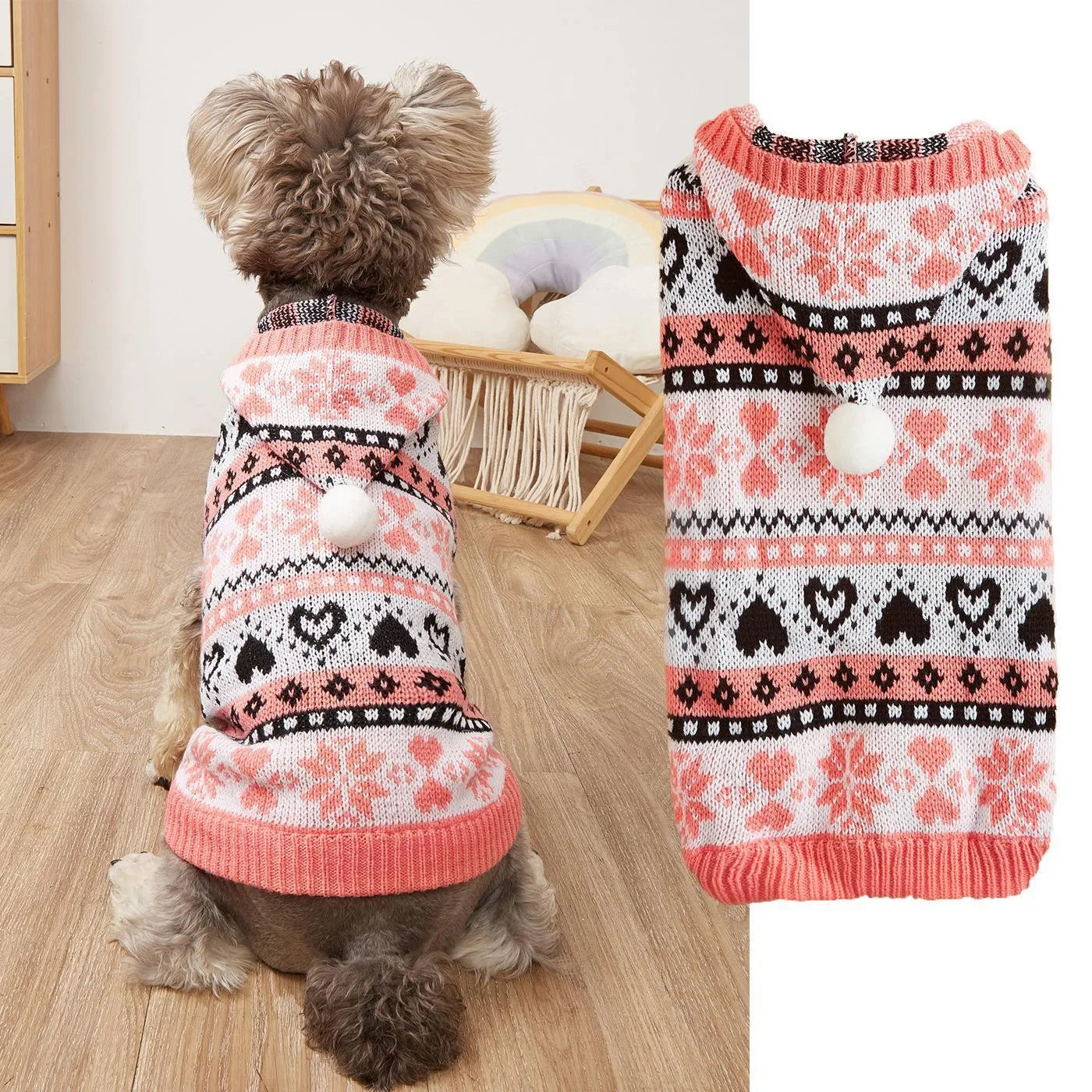 Striped camouflage knitted dog sweater with snowflake pattern in blue, grey or pink