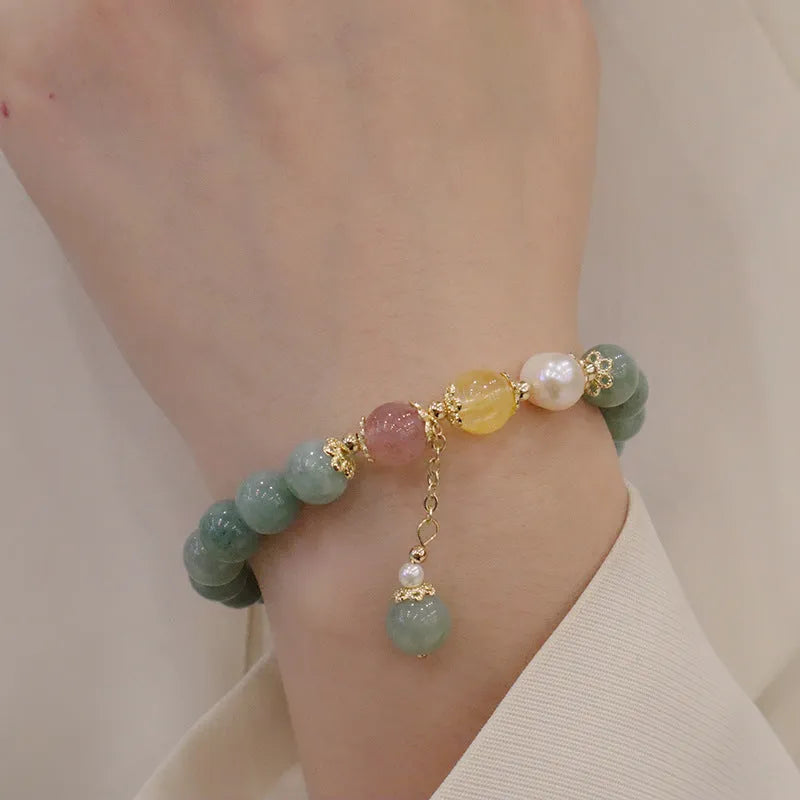 Han style jade beaded bracelet with geometric shapes and pearl accents