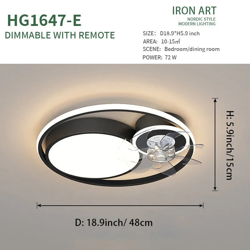 Nordic style ceiling fan light with metal blades and acrylic lampshade in 48cm size