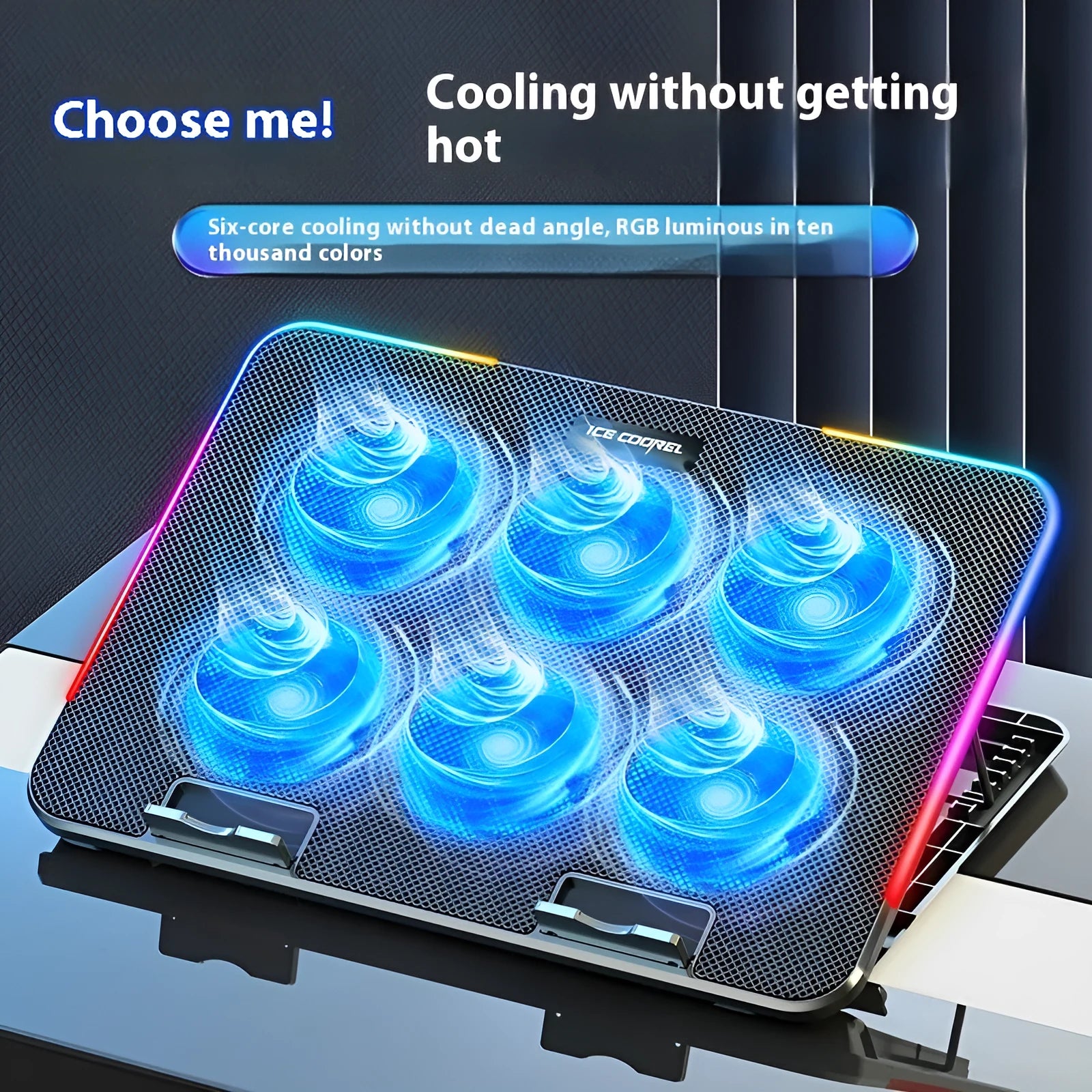 Core Ice laptop radiator air cooling base bracket with RGB light and phone stand, black colourful version, 360x255x27mm