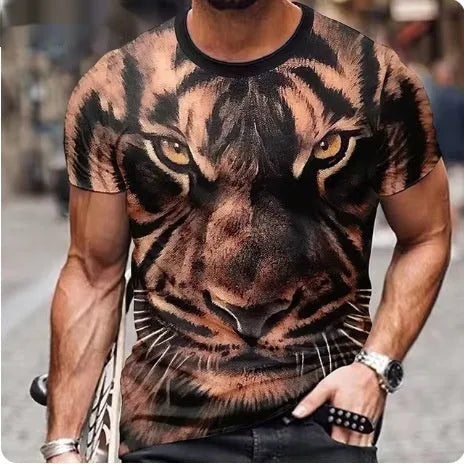 Men's black T-shirt with a large detailed fierce lion graphic print on the front