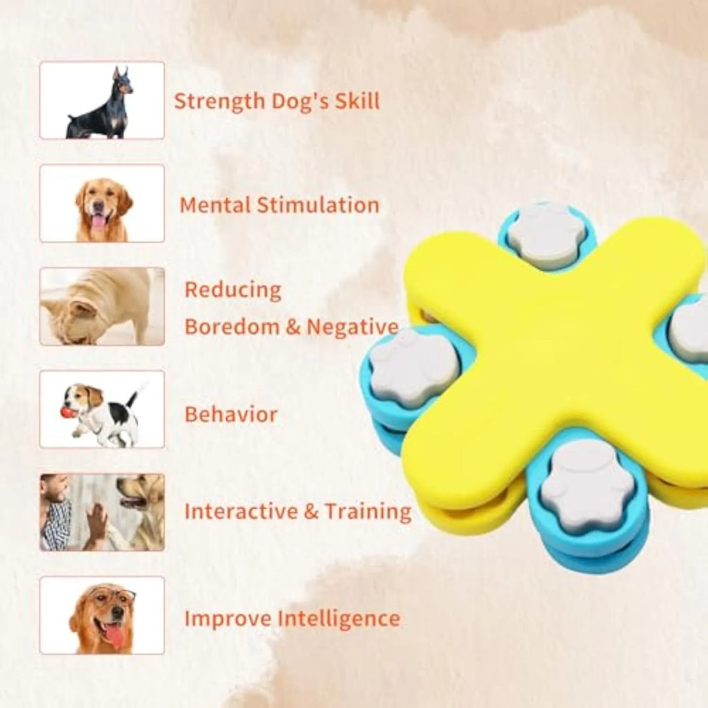 Yellow three-layer rotating dog puzzle feeder with claw-shaped lids and anti-slip rubber pads on the base.