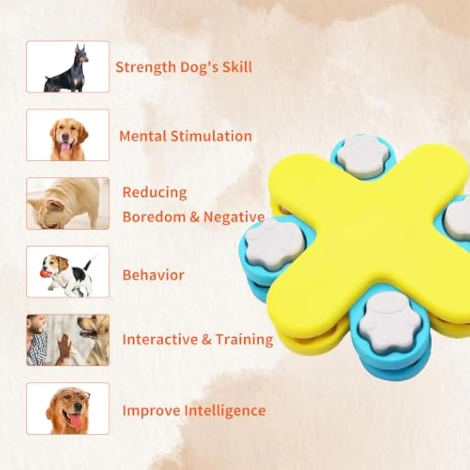 Yellow three-layer rotating dog puzzle feeder with claw-shaped lids and anti-slip rubber pads on the base.