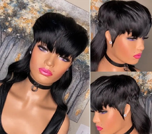 Black Brazilian synthetic wig with bangs, short front and long back hair.