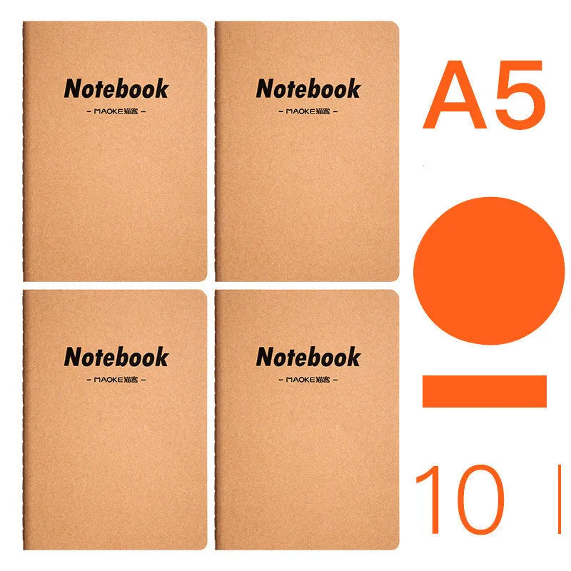 10-pack of kraft paper notebooks with thread binding in A5 and B5 sizes with various cover designs