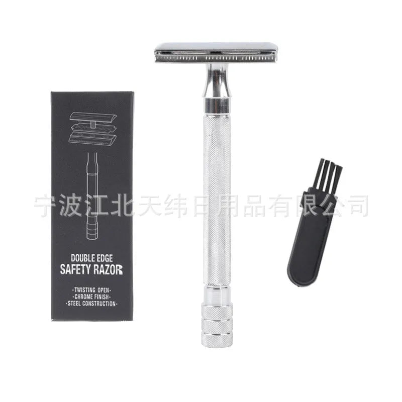 Manual beard shaving tool with metal scraper and brush for traditional wet shaving