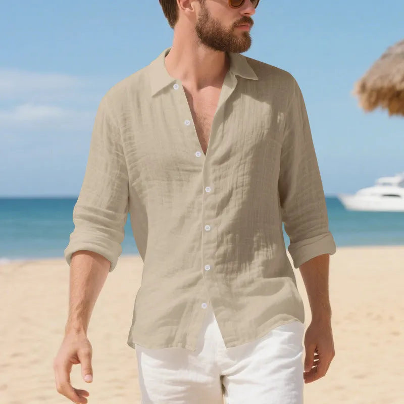 Man wearing a relaxed-fit light blue linen casual shirt with a non-iron finish