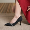 Black sequined women's high heel shoes with a 7cm thin stiletto heel on a neutral background.