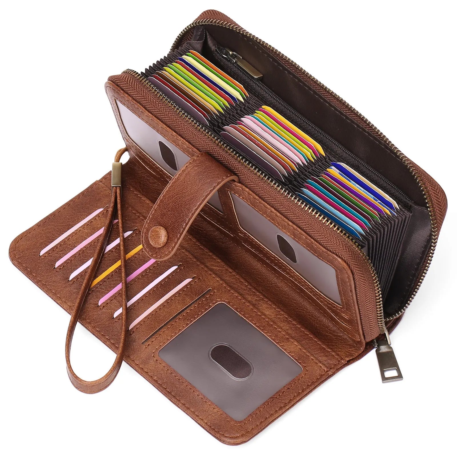 Light brown expanding card holder wallet for women showing multiple card slots and anti-theft swiping feature.