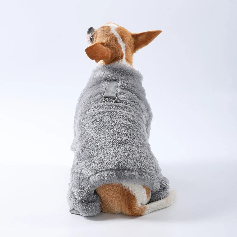 Polyester solid colour pet jacket with fur trim in gray, front view, size M