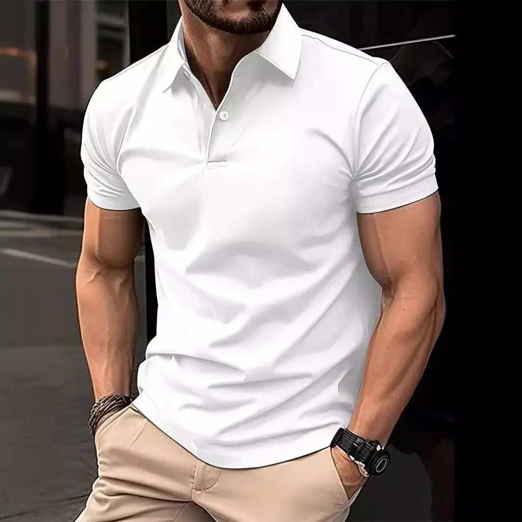 Men's slim fit solid colour short sleeve button-up shirt on a hanger.