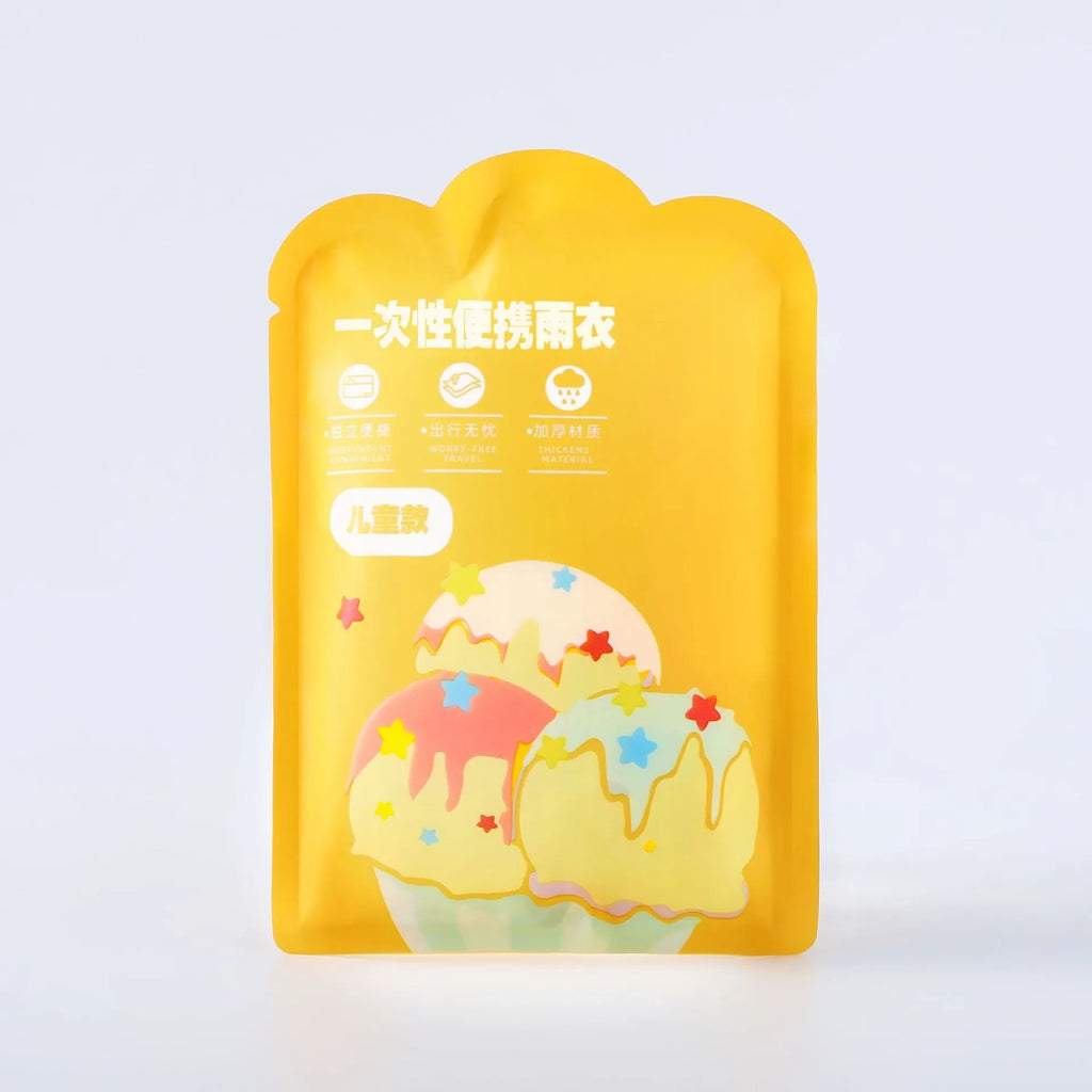 Disposable children's raincoat poncho in blue, yellow, orange, pink, green, and white colours, packaged size 13x9cm.