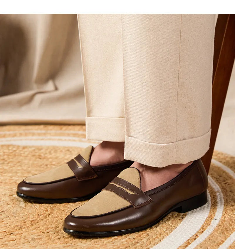 Coffee grey suede leather Belgian loafers with one-foot kick design and rubber sole