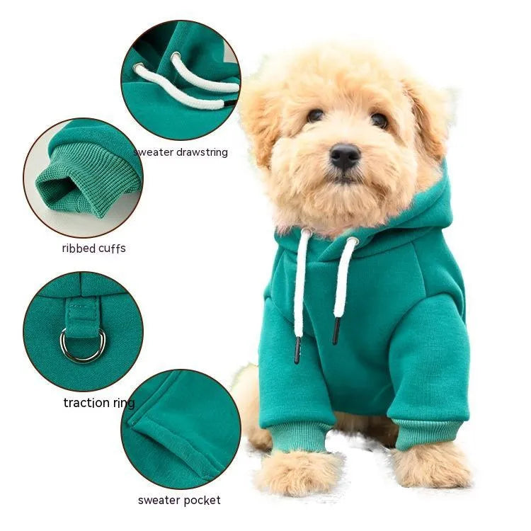 Hooded dog sweater in trueran spandex, shown in green, black, grey, and red, sizes S to XL