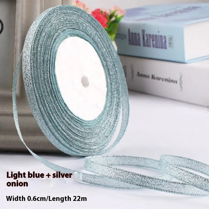 Roll of narrow 0.6cm wide polyester gift ribbon in a multicolour pattern.