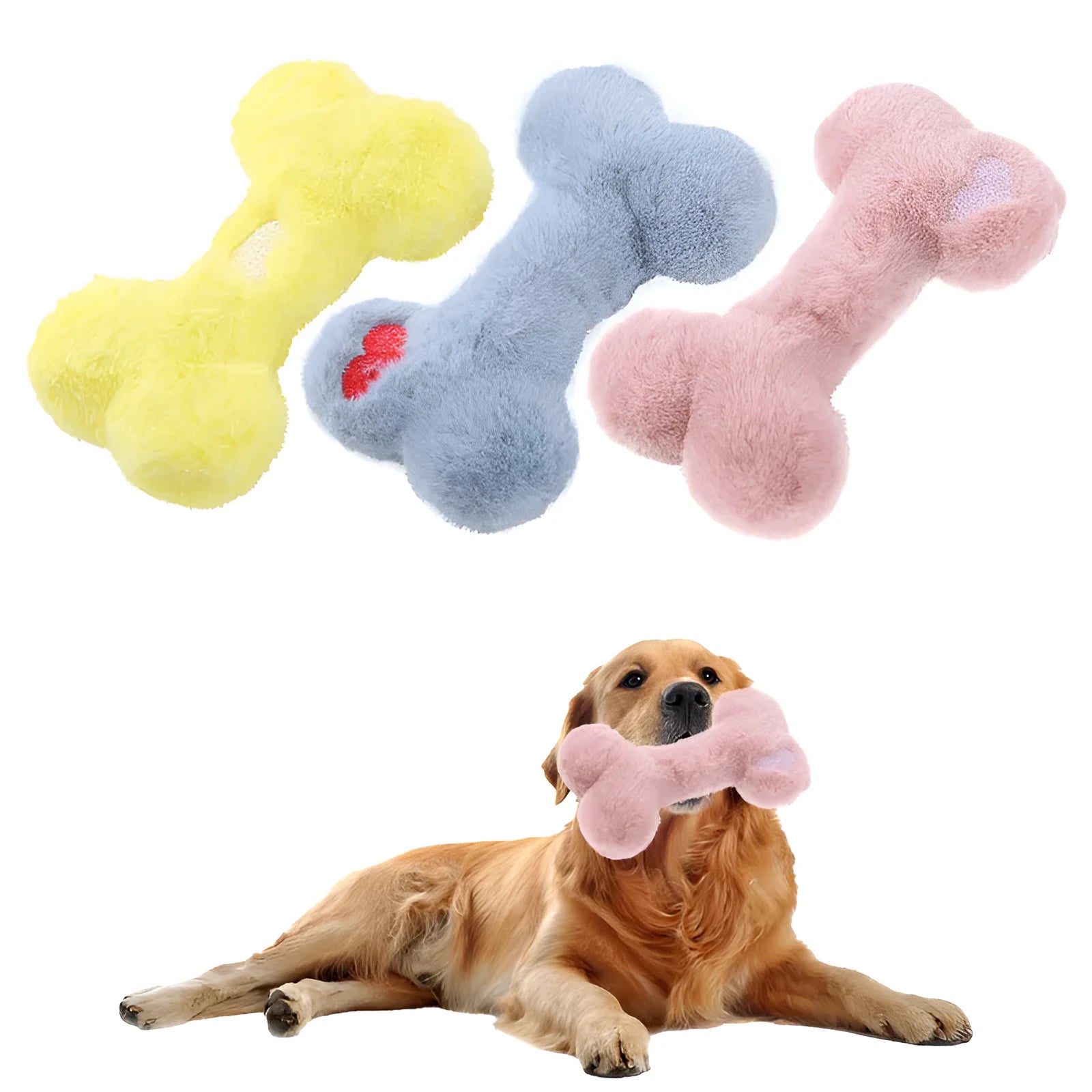 Plush love bone dog toy with squeaker in blue, pink, or yellow colours for interactive play