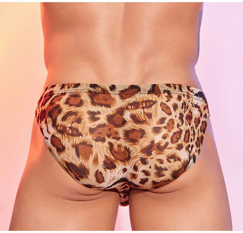 Men's low waist leopard print briefs made from nylon fabric, showing the animal pattern design.