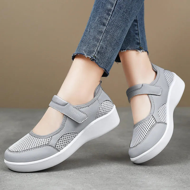 Women's grey mesh casual shoes with velcro fastening and round toe