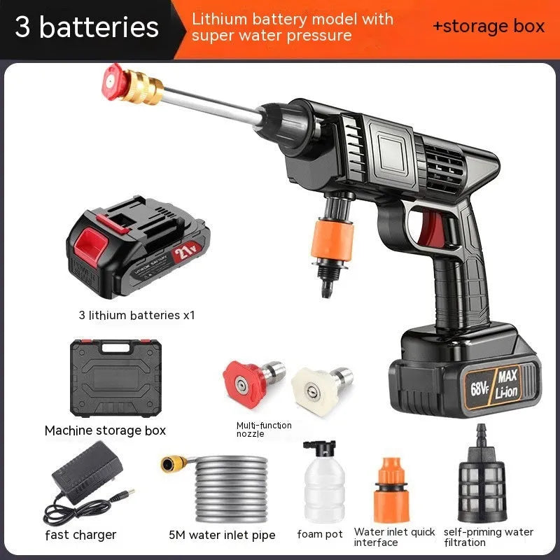Portable wireless car washing gun with plastic handle and lithium battery pack