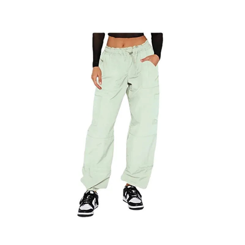 Straight-leg loose fit cargo casual pants in multiple colours on a mannequin, showing utility pockets.
