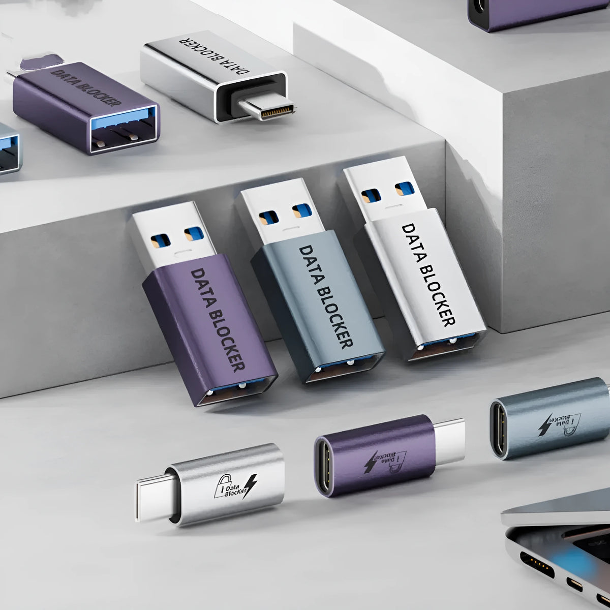 USB data blocker adapter, aluminium alloy, male to Type-C female, charging and data shielding, 10W