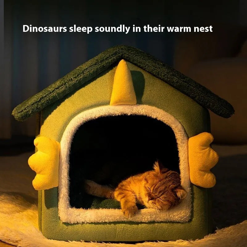 Grey enclosed cat nest bed with thick cushion inside, shown in large size.