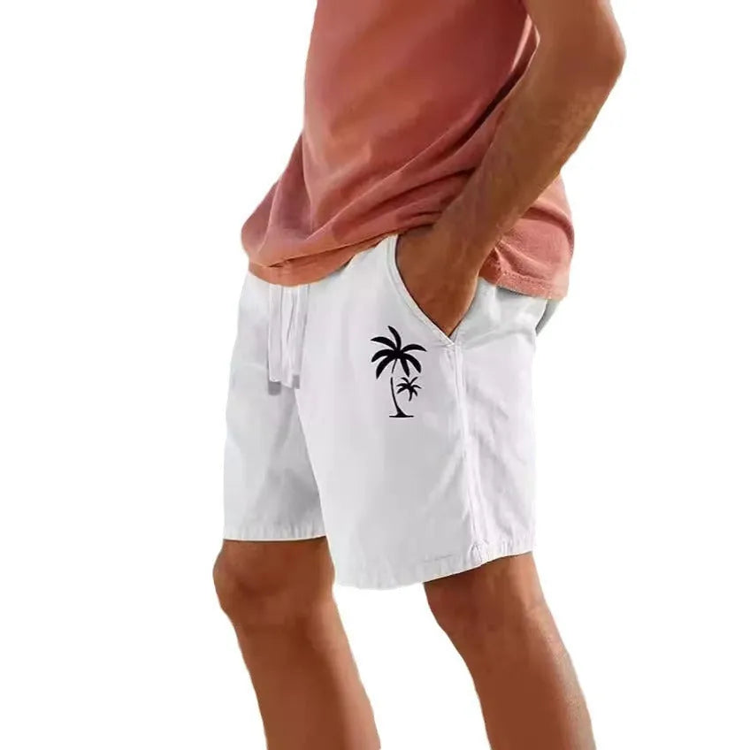 Men's army green cotton blend drawstring shorts with a floral heat transfer patch on the leg.
