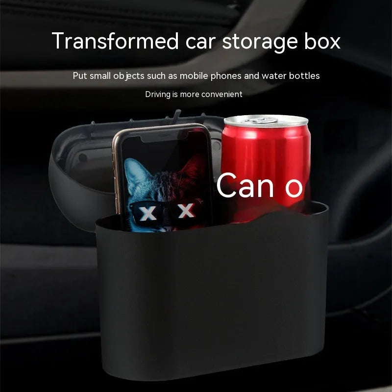 Black car seat mounted folding trash can with waterproof plastic construction