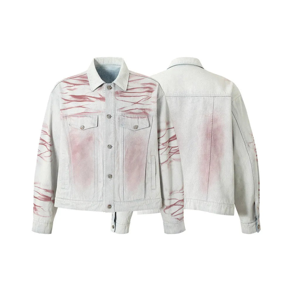 Men's blue inkjet tie-dyed cotton denim loose jacket with long sleeves and straight hem