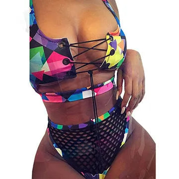 Women's checkered cross strap high waist bikini for swimming