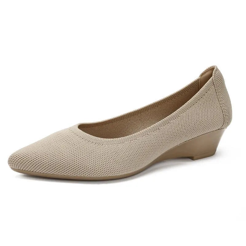 Women's flat wedge pumps with a mesh upper and pointed toe in a leopard print pattern.