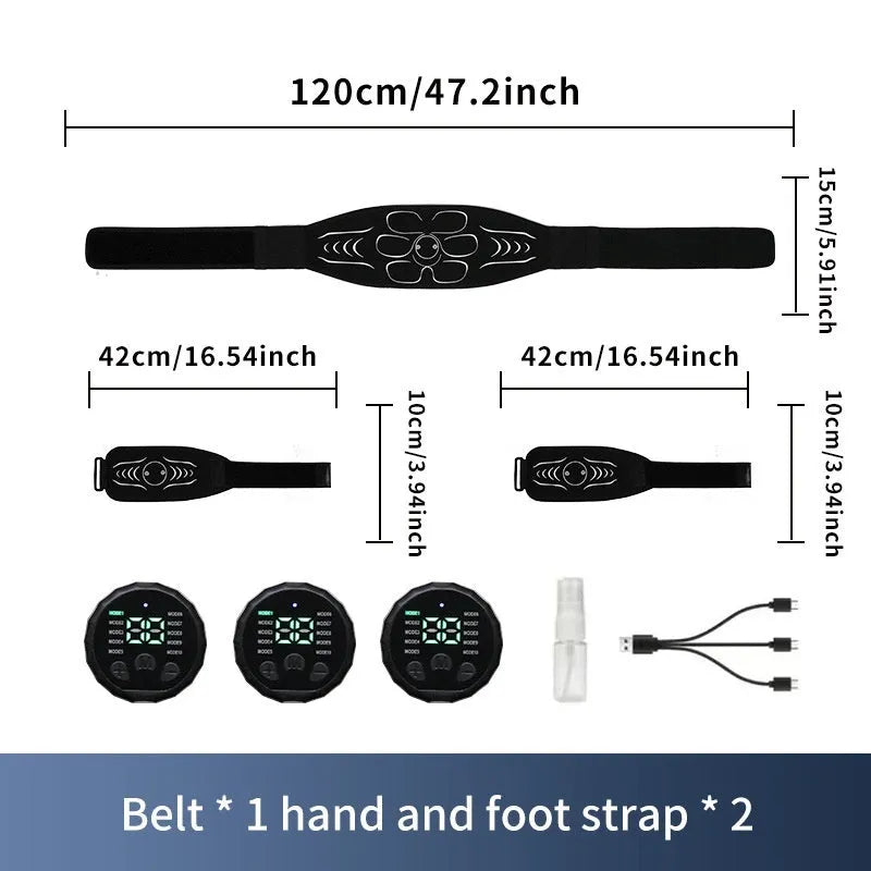 Silicone EMS belly shaping belt with muscle stimulator and hand and foot straps on orange background