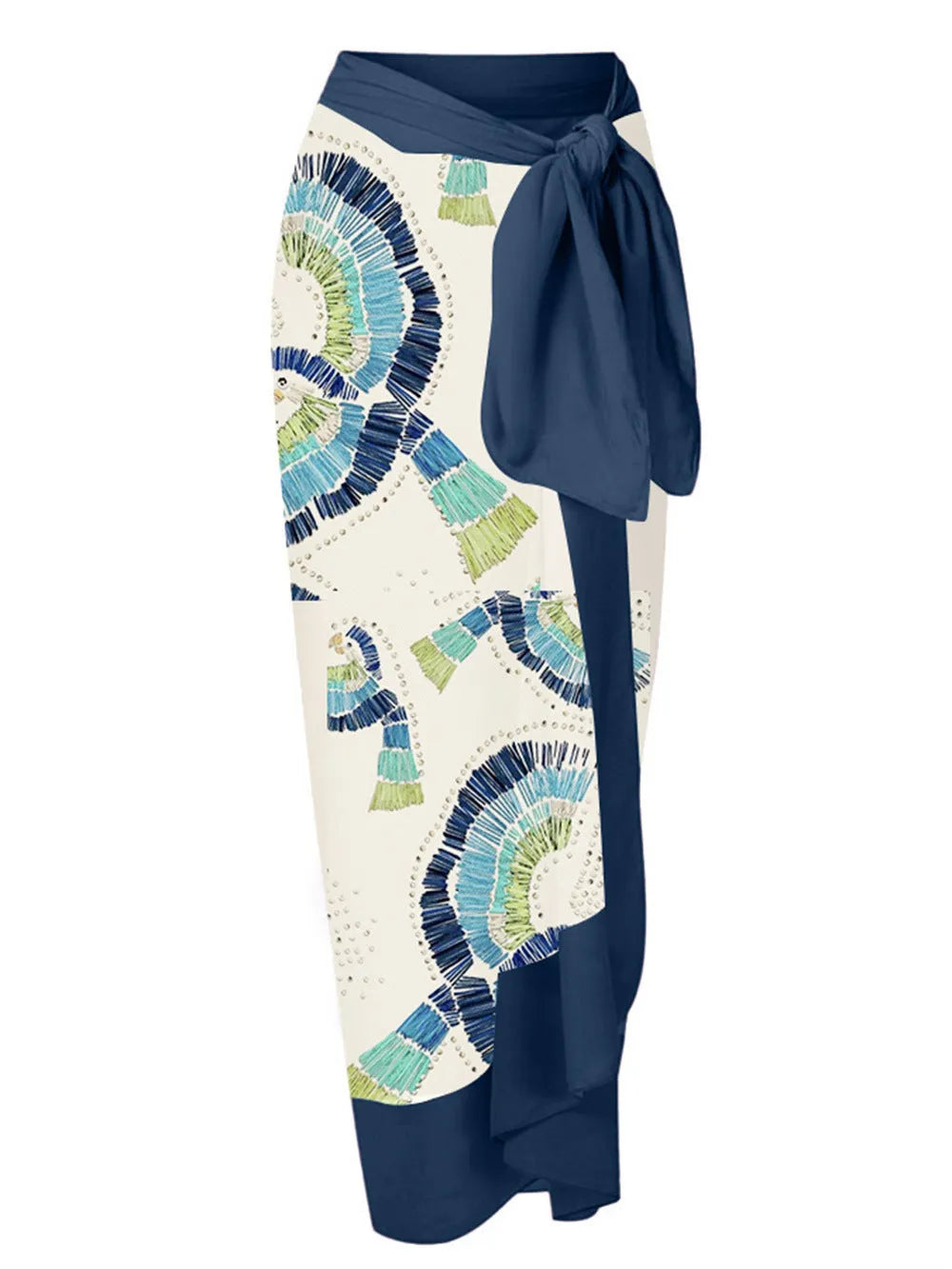 White one-shoulder women's swimsuit with a large layered lotus leaf skirt and split-leg design.