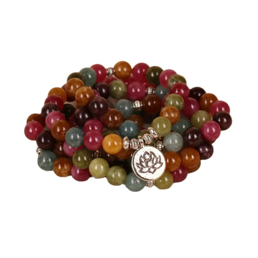 108-bead multi-layer alloy bracelet in tourmaline colour on a string.