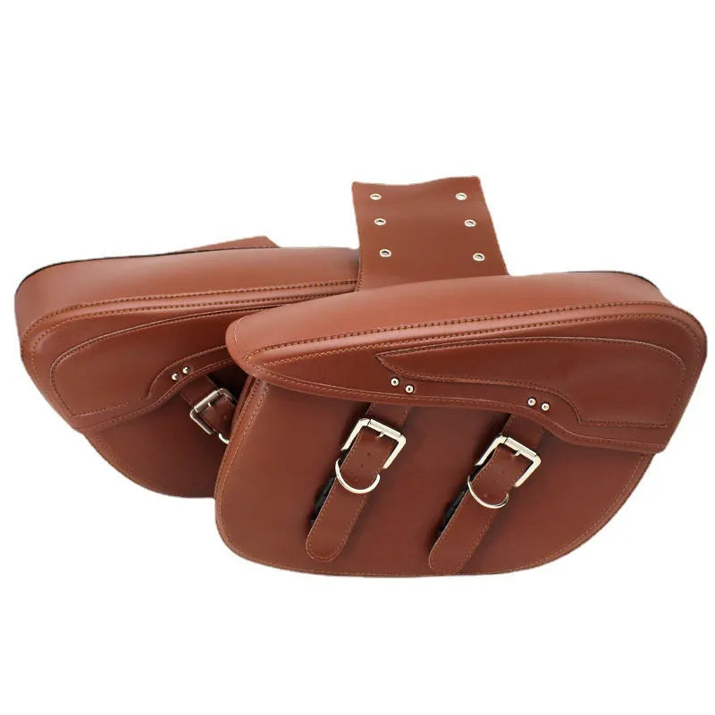 Black PU leather motorcycle saddle bag with retro design, shown mounted as a side box.
