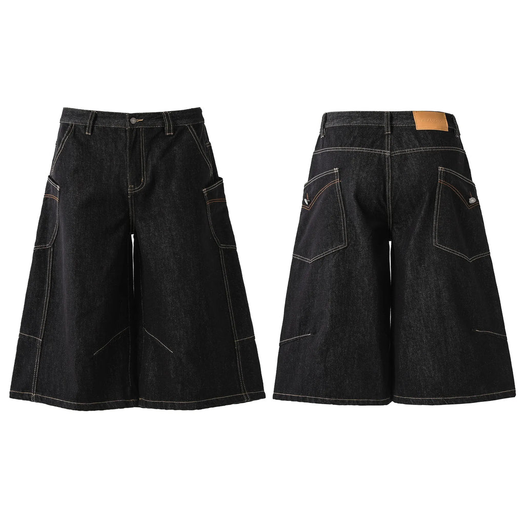 Men's retro washed black cotton denim cropped pants with straight leg and side pockets