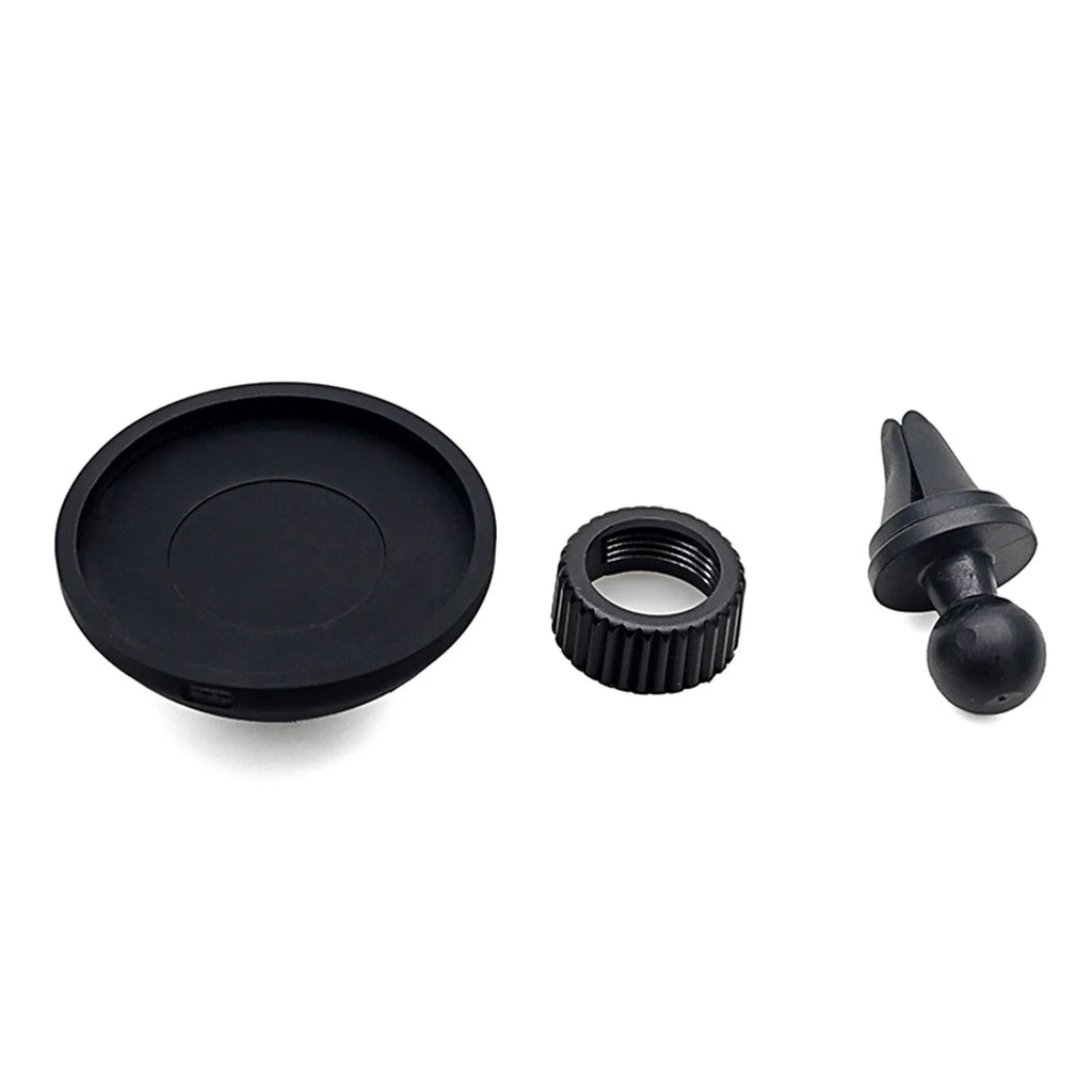 Black plastic car magnetic mobile phone holder with snap-in mount for air vent or dashboard use