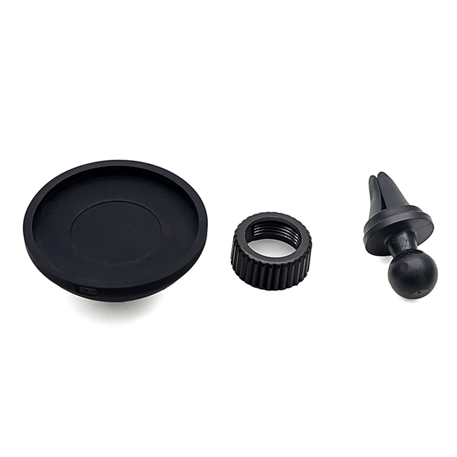 Black plastic car magnetic mobile phone holder with snap-in mount for air vent or dashboard use