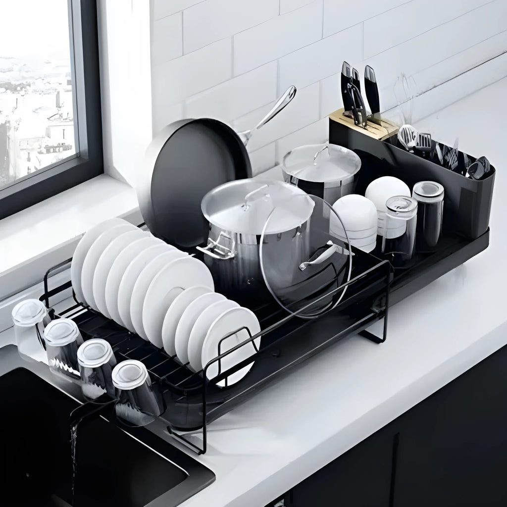 Retractable carbon steel kitchen dish drain rack holding cutlery and cups