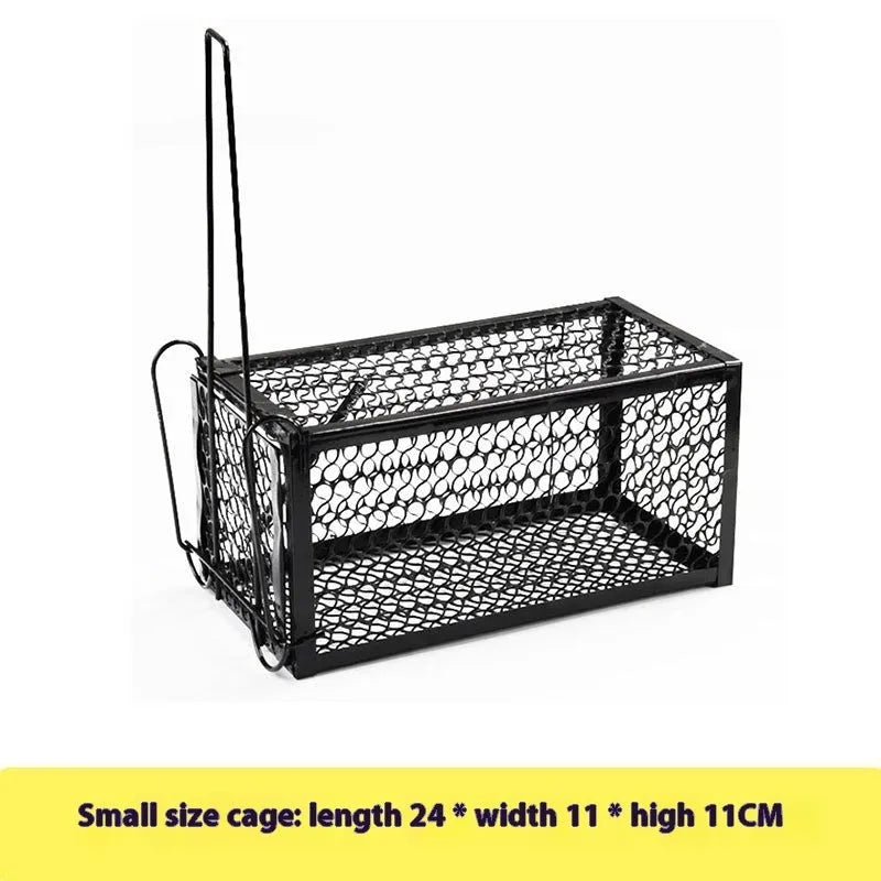 Automatic reset mouse cage trap in plastic and iron designs, shown in small, medium, and large sizes.
