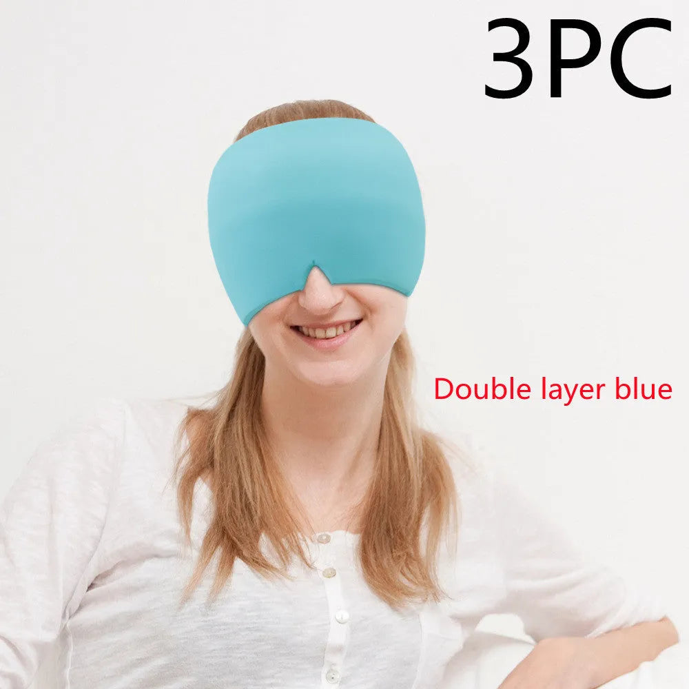 Black elastic cloth cooling gel eye mask for headache relief showing adjustable fit