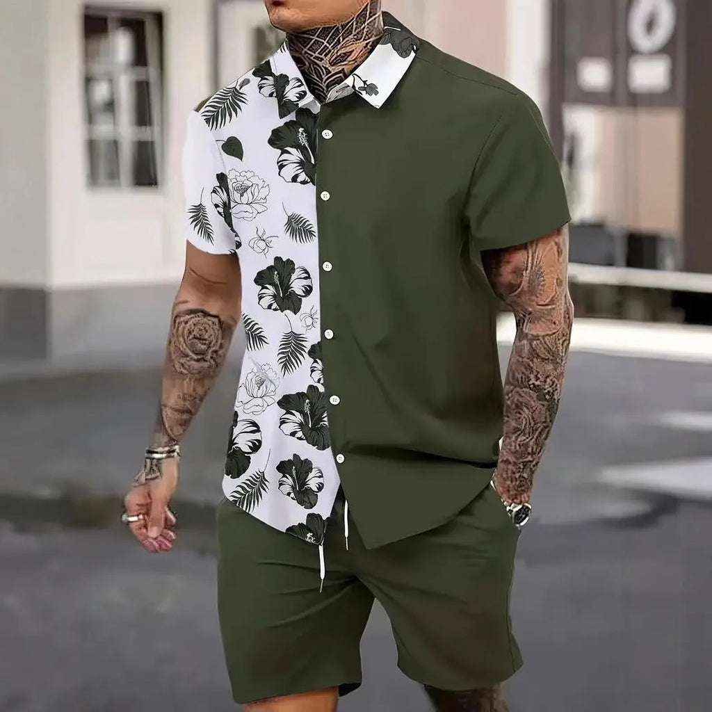 Men's 3D printed Hawaiian pattern short sleeve shirt and matching shorts co-ord set.
