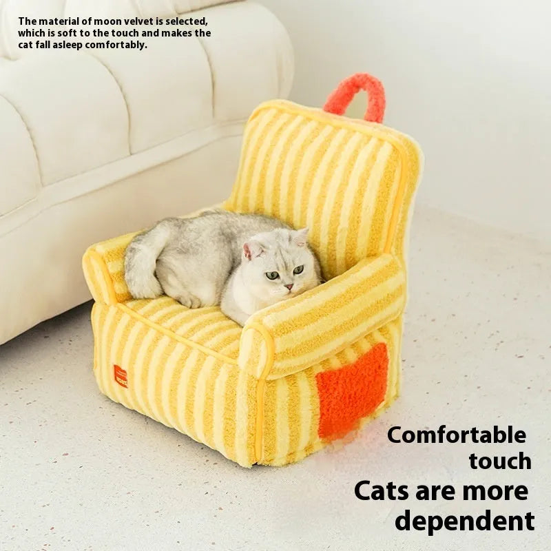 Striped soft velvet pet bed for dogs in orange, purple, or yellow with a removable washable cover.