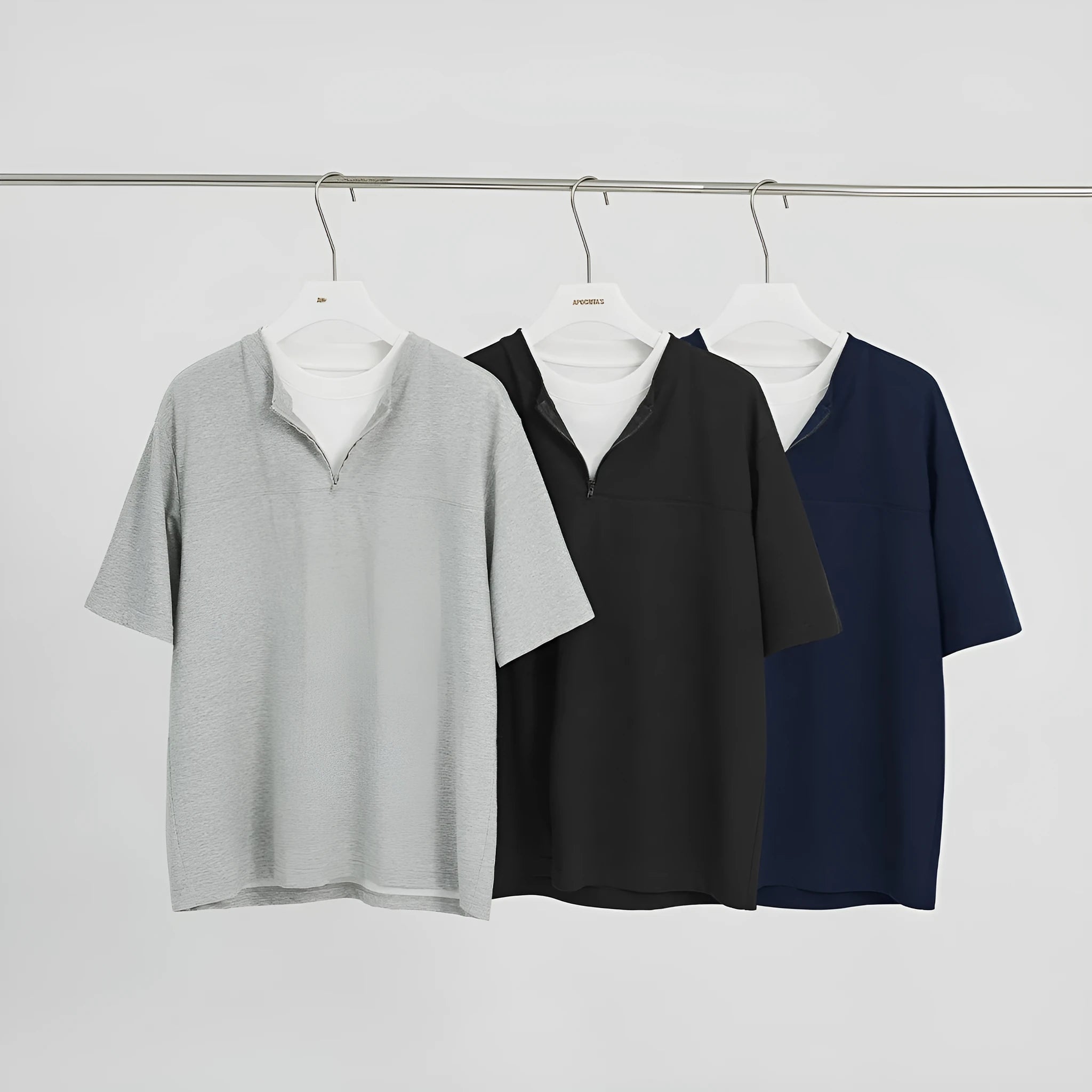 Women's solid colour loose patchwork top with zip false two-piece styling in cotton blend fabric