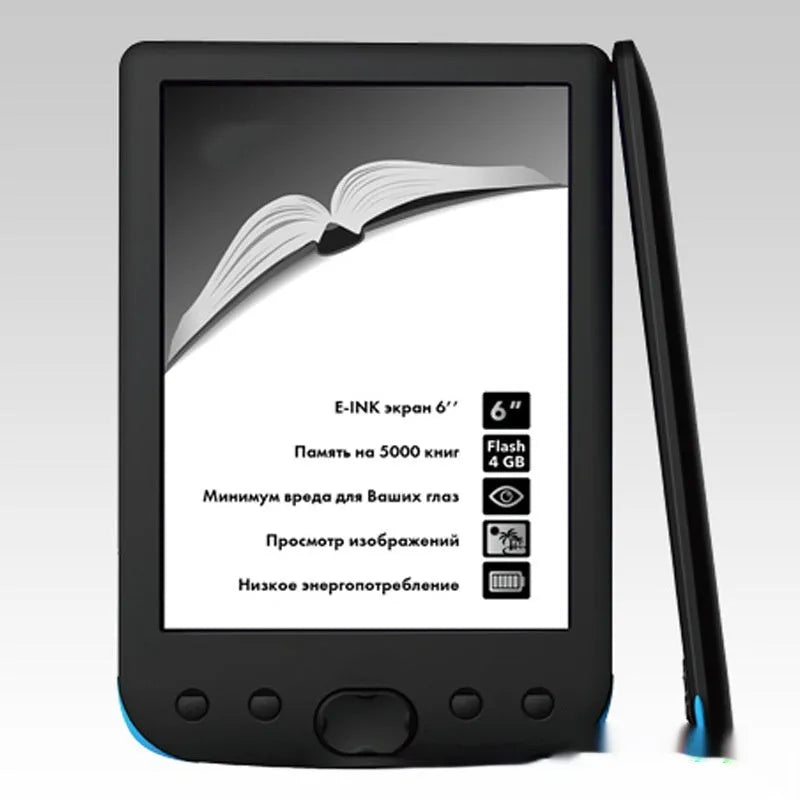 Black 6-inch e-book reader with E-ink screen showing book text display
