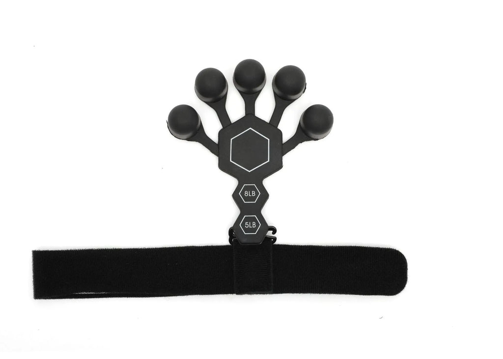 A black or grey silicone five-finger hand trainer for adult grip strength and rehabilitation.