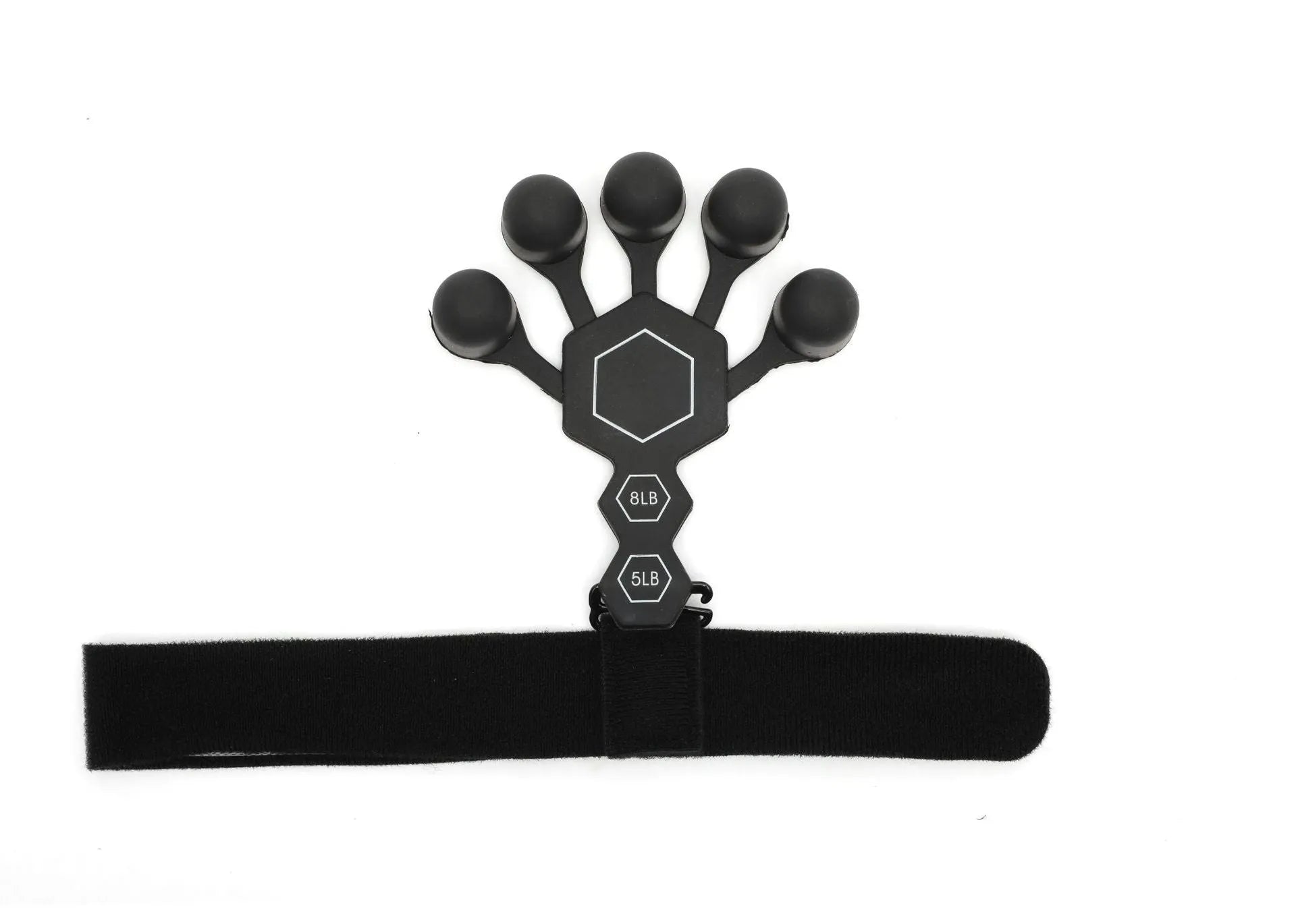 A black or grey silicone five-finger hand trainer for adult grip strength and rehabilitation.
